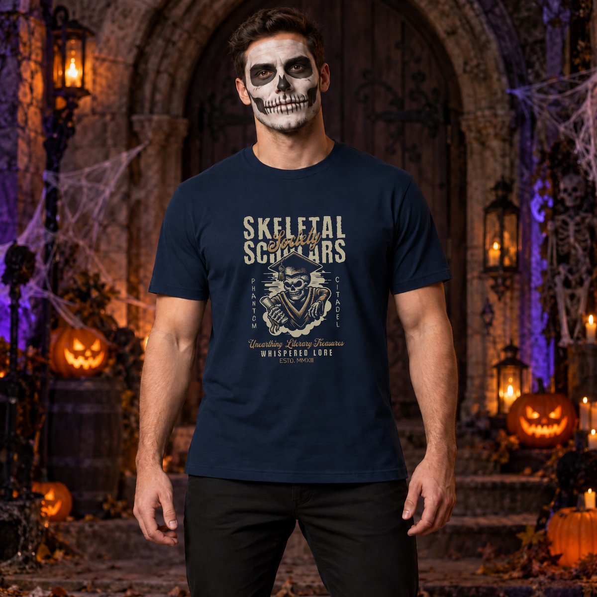 Skeletal Scholars Society T-Shirt – Dark Streetwear Graphic Design Graphic Tee - Color: navy
