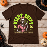 Skeleton nurse holding a large injection T-Shirt – Skull & Reaper Gothic Graphic Graphic Tee - Color: chocolate
