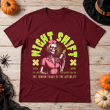 Skeleton nurse holding a large injection T-Shirt – Skull & Reaper Gothic Graphic Graphic Tee - Color: maroon