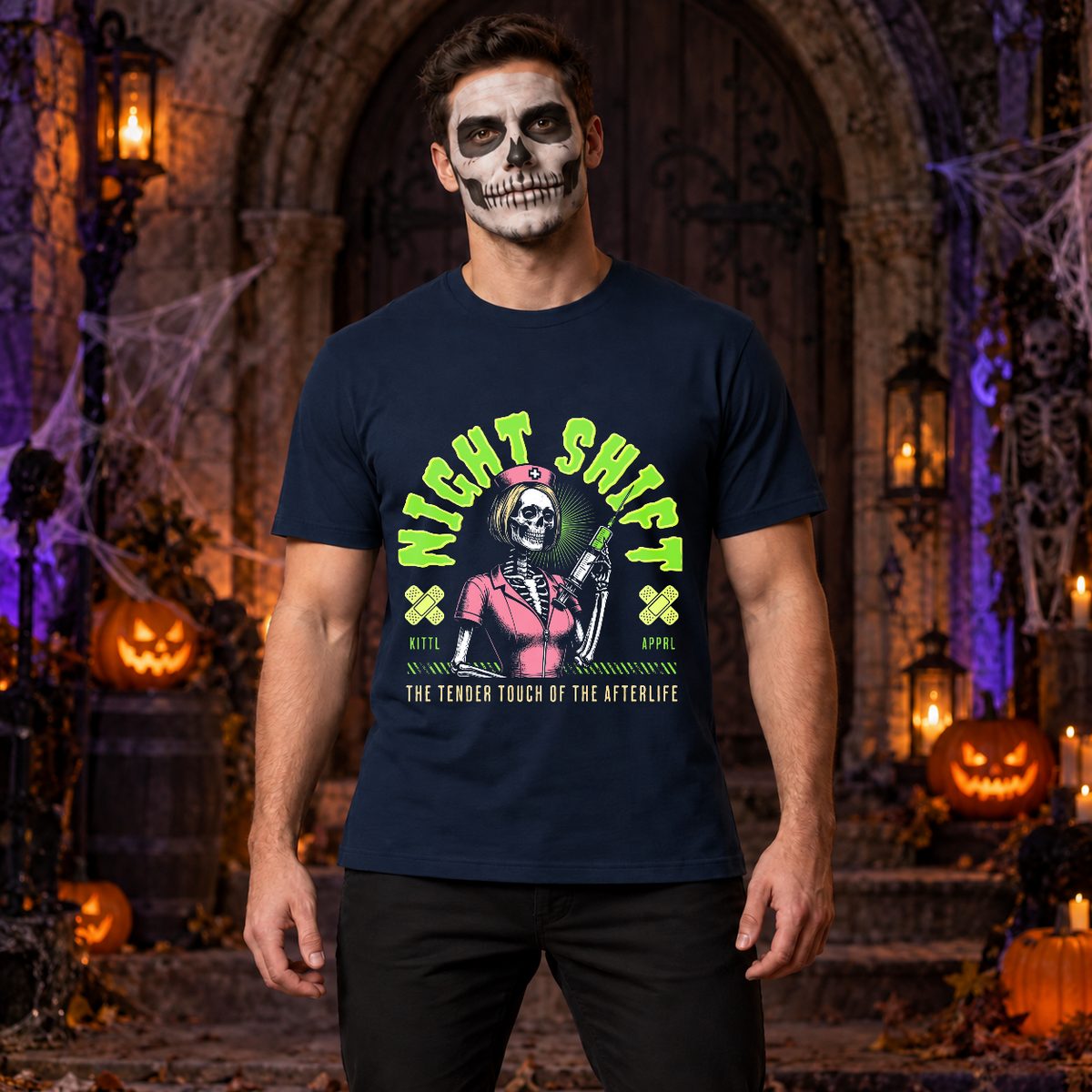 Skeleton nurse holding a large injection T-Shirt – Skull & Reaper Gothic Graphic Graphic Tee - Color: navy