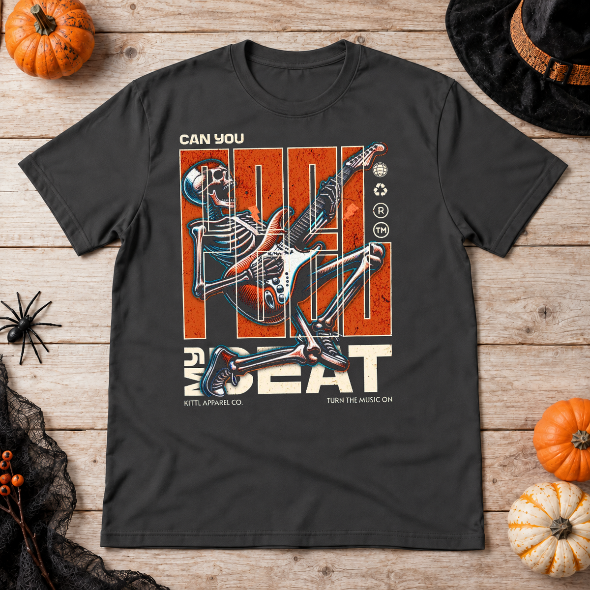 Skeleton Rocker Beat T-Shirt – Skull & Reaper Gothic Graphic Graphic Tee - Color: charcoal