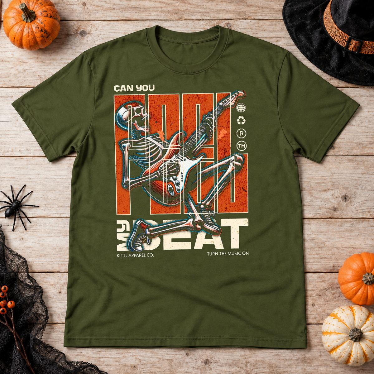 Skeleton Rocker Beat T-Shirt – Skull & Reaper Gothic Graphic Graphic Tee - Color: military green