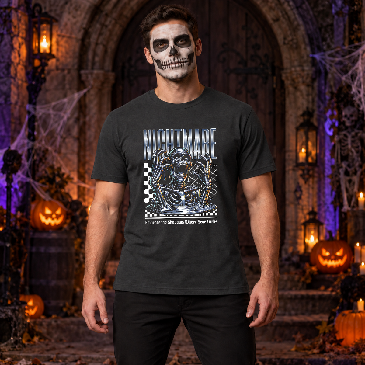 Skull Nightmare T-Shirt – Skull & Reaper Gothic Graphic Graphic Tee - Color: charcoal