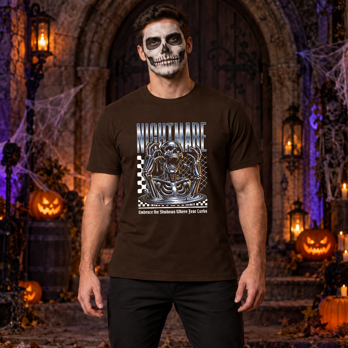 Skull Nightmare T-Shirt – Skull & Reaper Gothic Graphic Graphic Tee - Color: chocolate