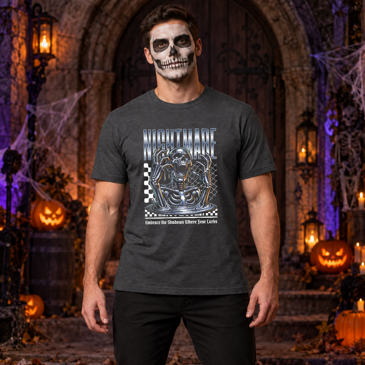Skull Nightmare T-Shirt – Skull & Reaper Gothic Graphic Graphic Tee - Color: dark heather