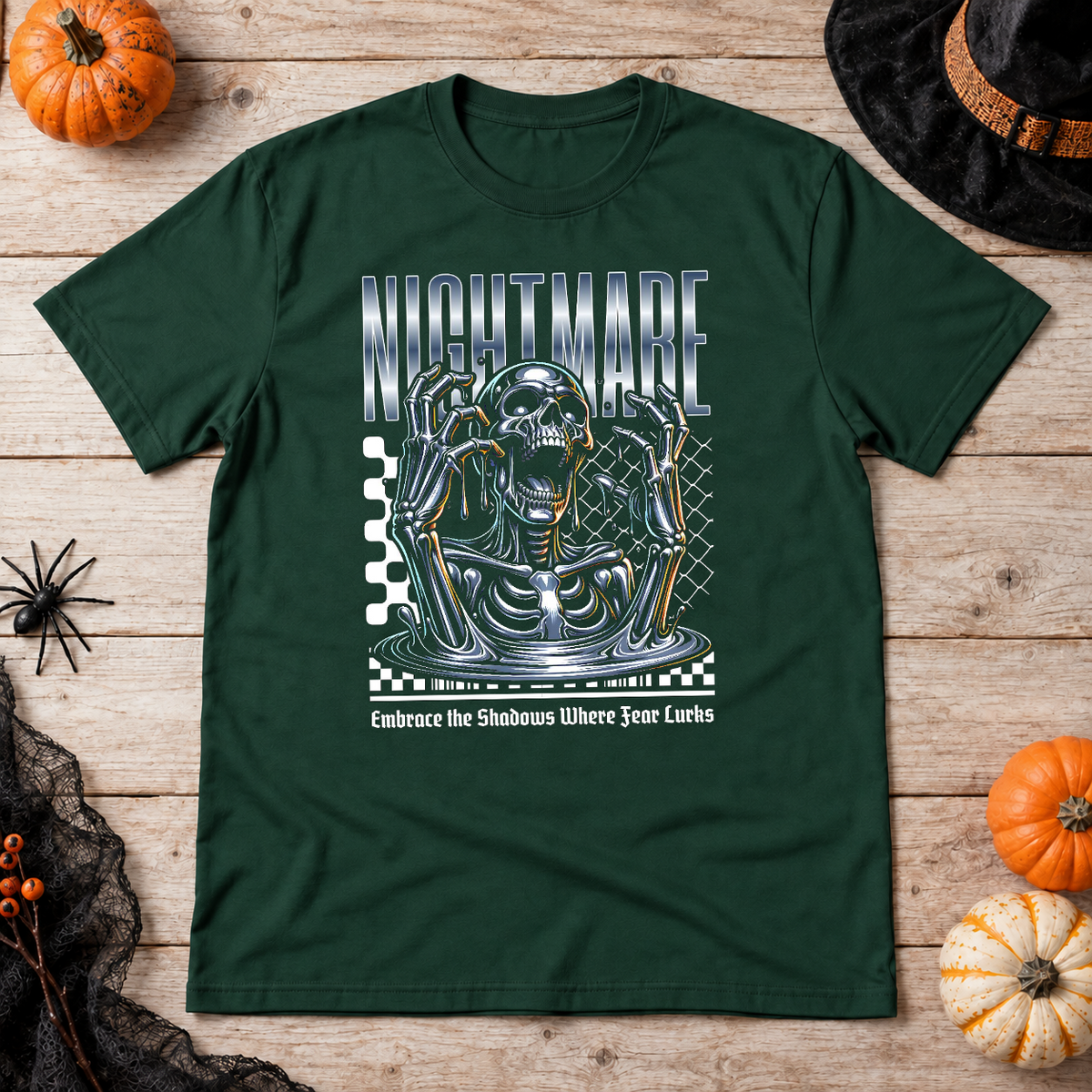 Skull Nightmare T-Shirt – Skull & Reaper Gothic Graphic Graphic Tee - Color: forest green