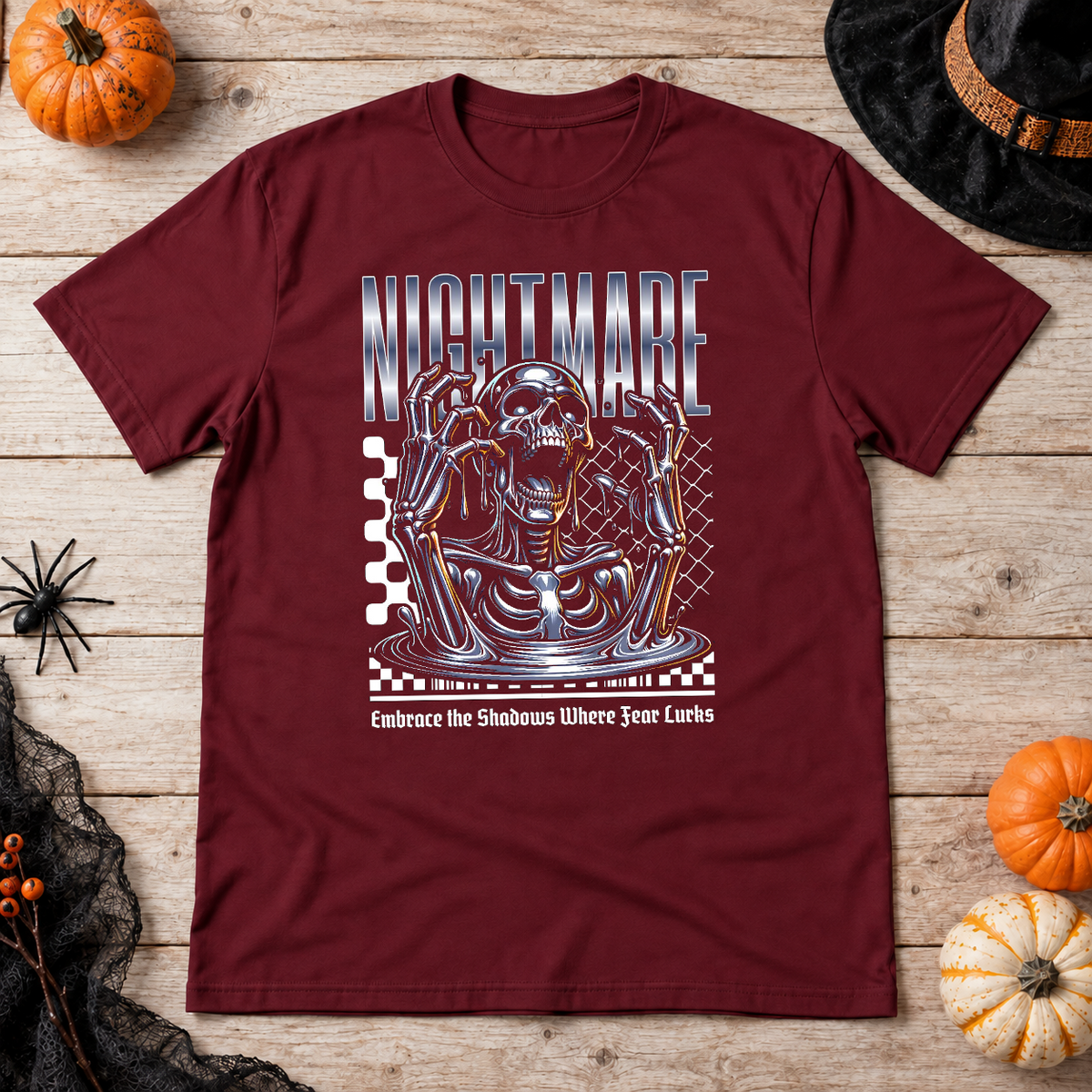 Skull Nightmare T-Shirt – Skull & Reaper Gothic Graphic Graphic Tee - Color: maroon