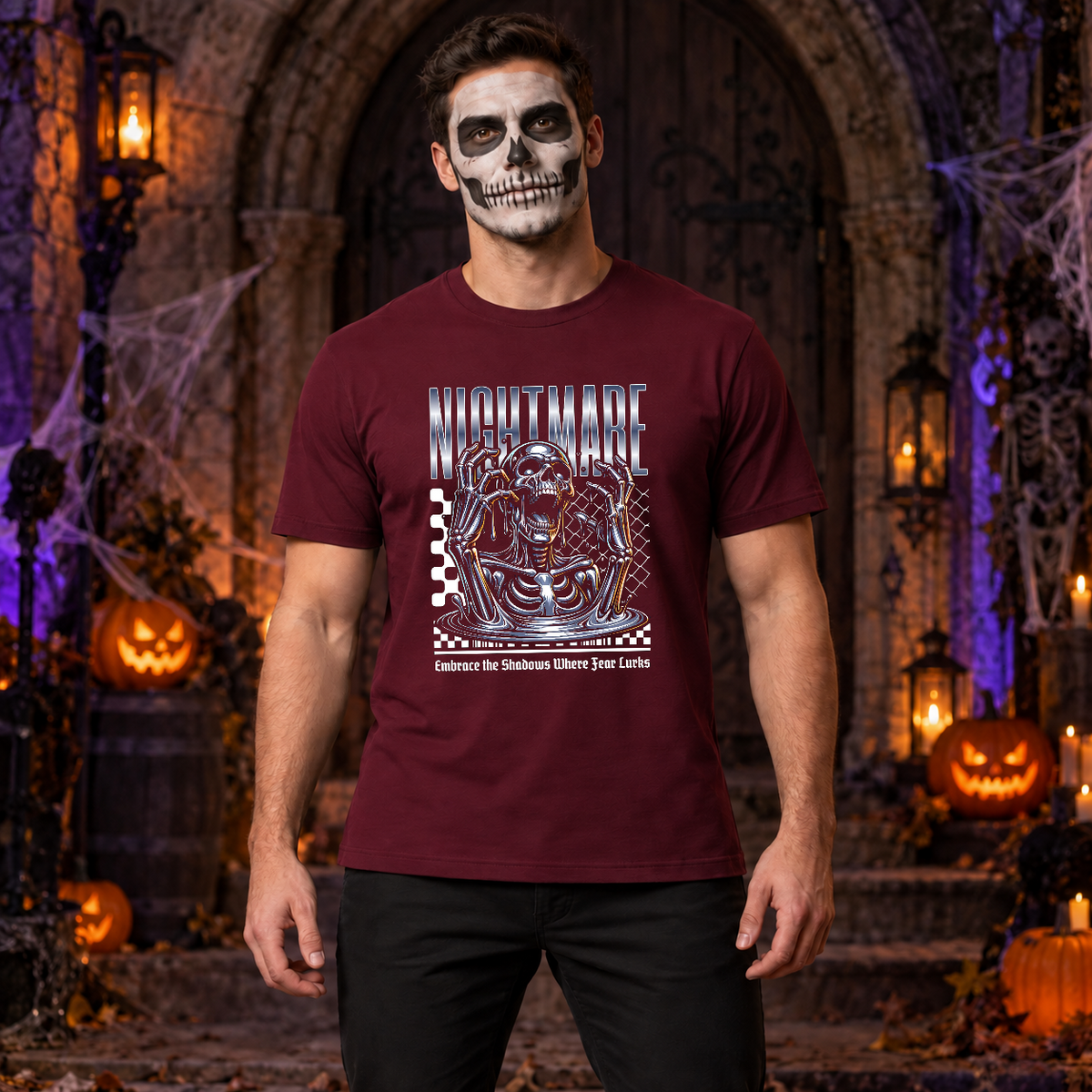 Skull Nightmare T-Shirt – Skull & Reaper Gothic Graphic Graphic Tee - Color: maroon