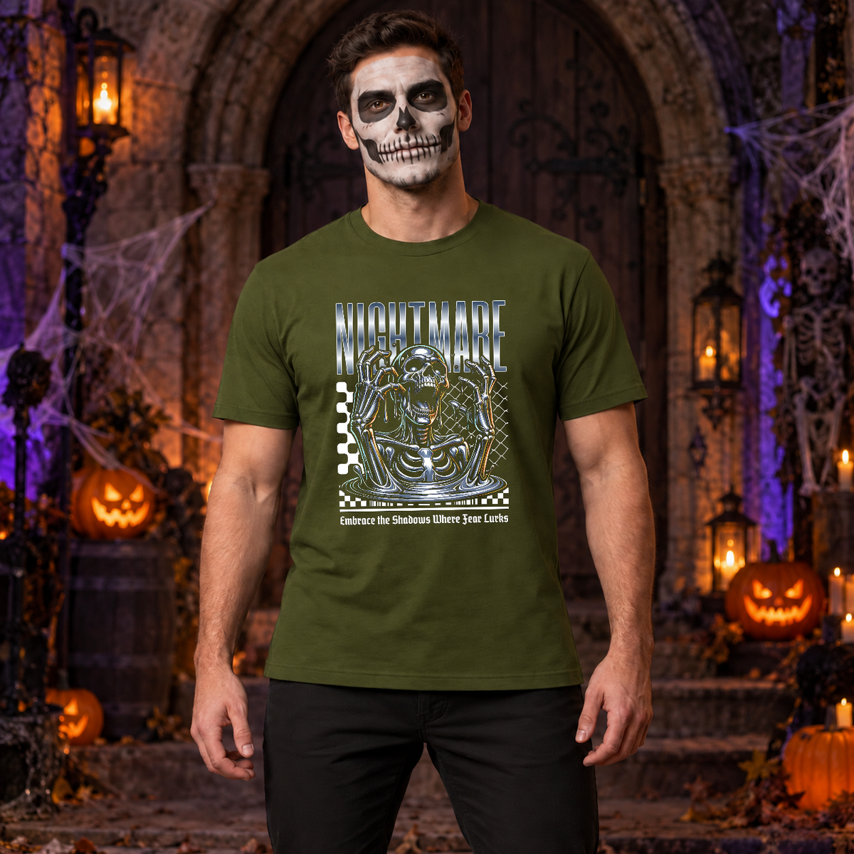 Skull Nightmare T-Shirt – Skull & Reaper Gothic Graphic Graphic Tee - Color: military green