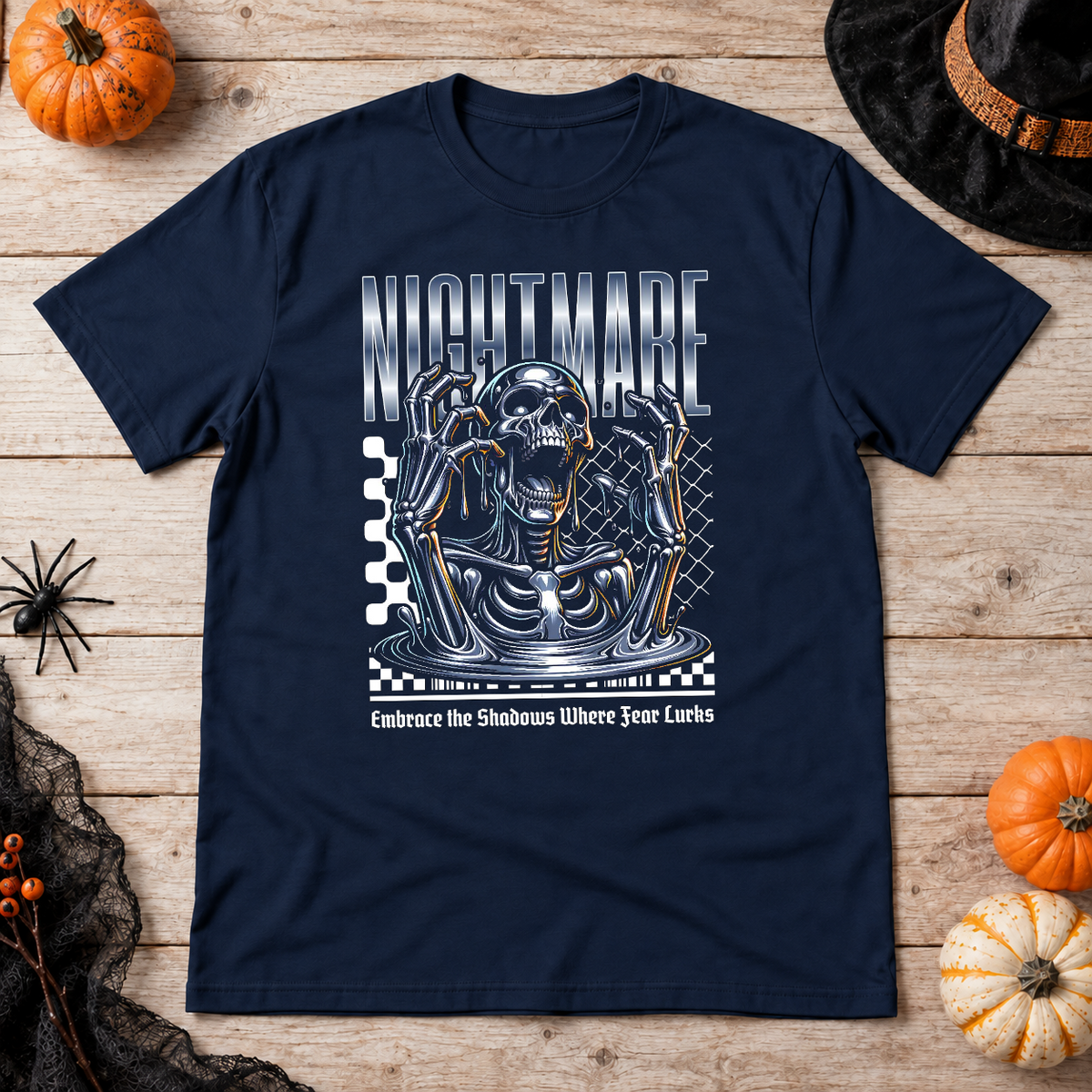 Skull Nightmare T-Shirt – Skull & Reaper Gothic Graphic Graphic Tee - Color: navy
