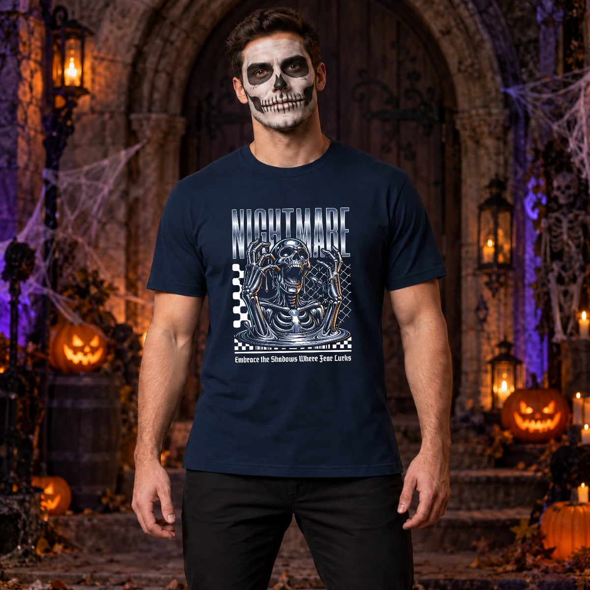 Skull Nightmare T-Shirt – Skull & Reaper Gothic Graphic Graphic Tee - Color: navy