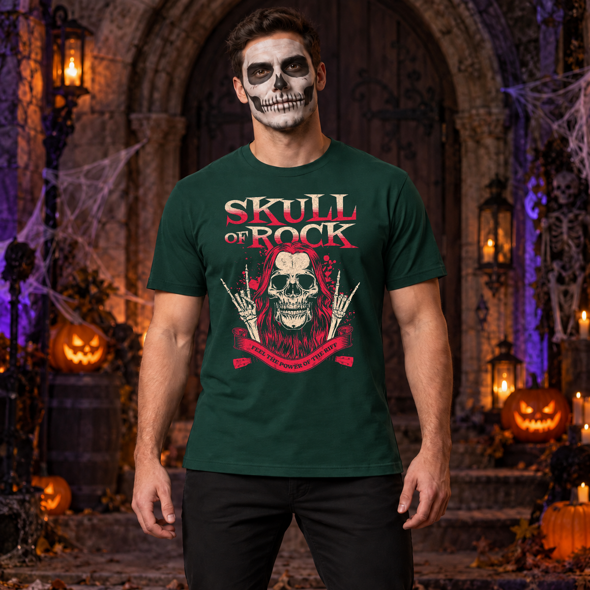 Skull of Rock T-Shirt – Skull & Reaper Gothic Graphic Graphic Tee - Color: forest green
