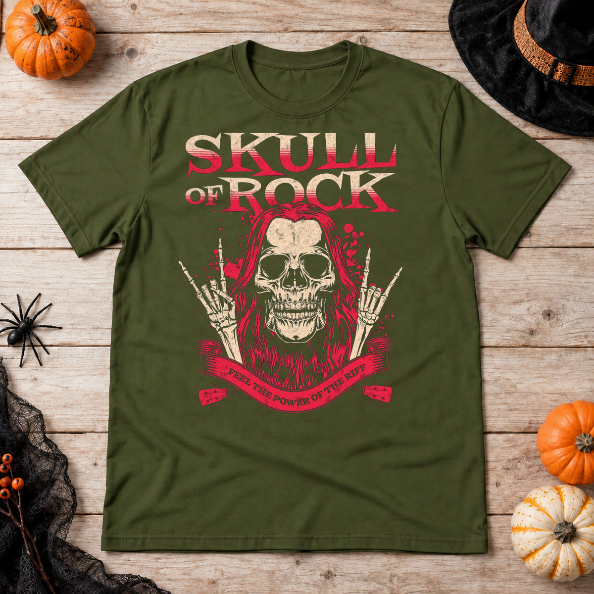 Skull of Rock T-Shirt – Skull & Reaper Gothic Graphic Graphic Tee - Color: military green