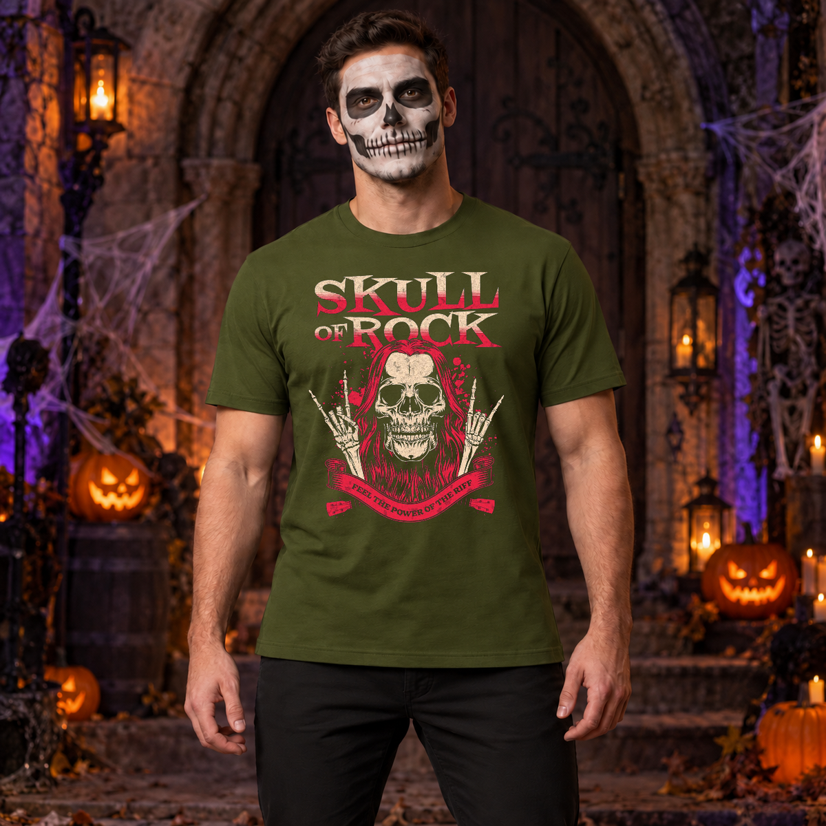 Skull of Rock T-Shirt – Skull & Reaper Gothic Graphic Graphic Tee - Color: military green