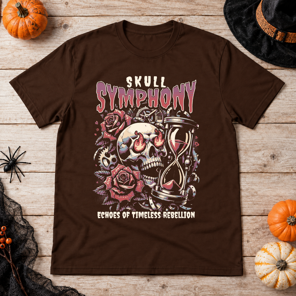 Skull Symphony T-Shirt – Skull & Reaper Gothic Graphic Graphic Tee - Color: chocolate