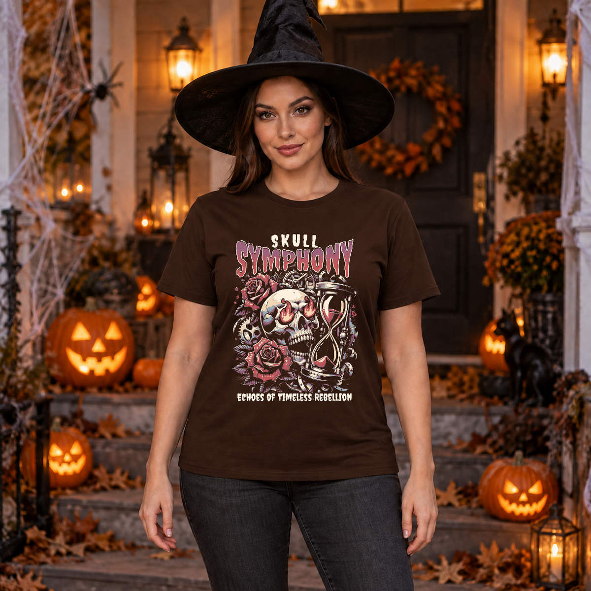 Skull Symphony T-Shirt – Skull & Reaper Gothic Graphic Graphic Tee - Color: chocolate