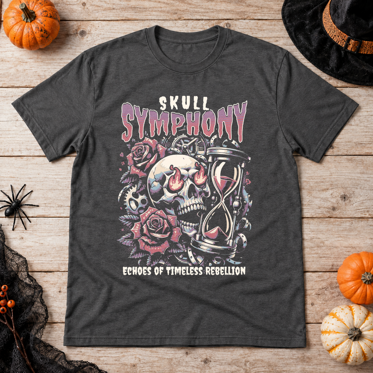 Skull Symphony T-Shirt – Skull & Reaper Gothic Graphic Graphic Tee - Color: dark heather