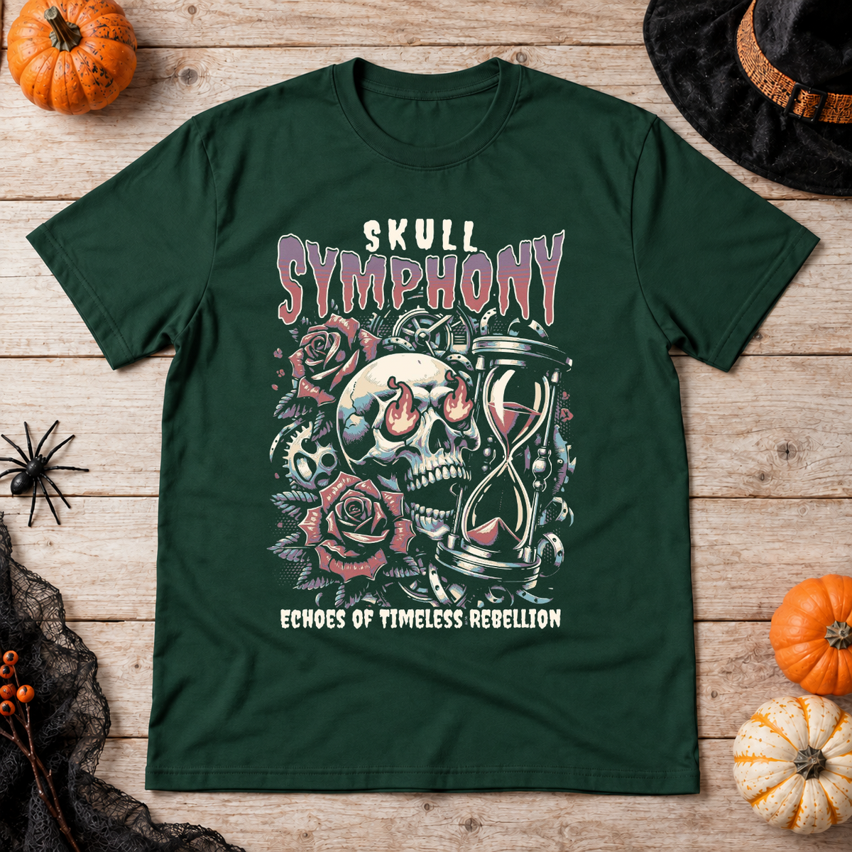 Skull Symphony T-Shirt – Skull & Reaper Gothic Graphic Graphic Tee - Color: forest green