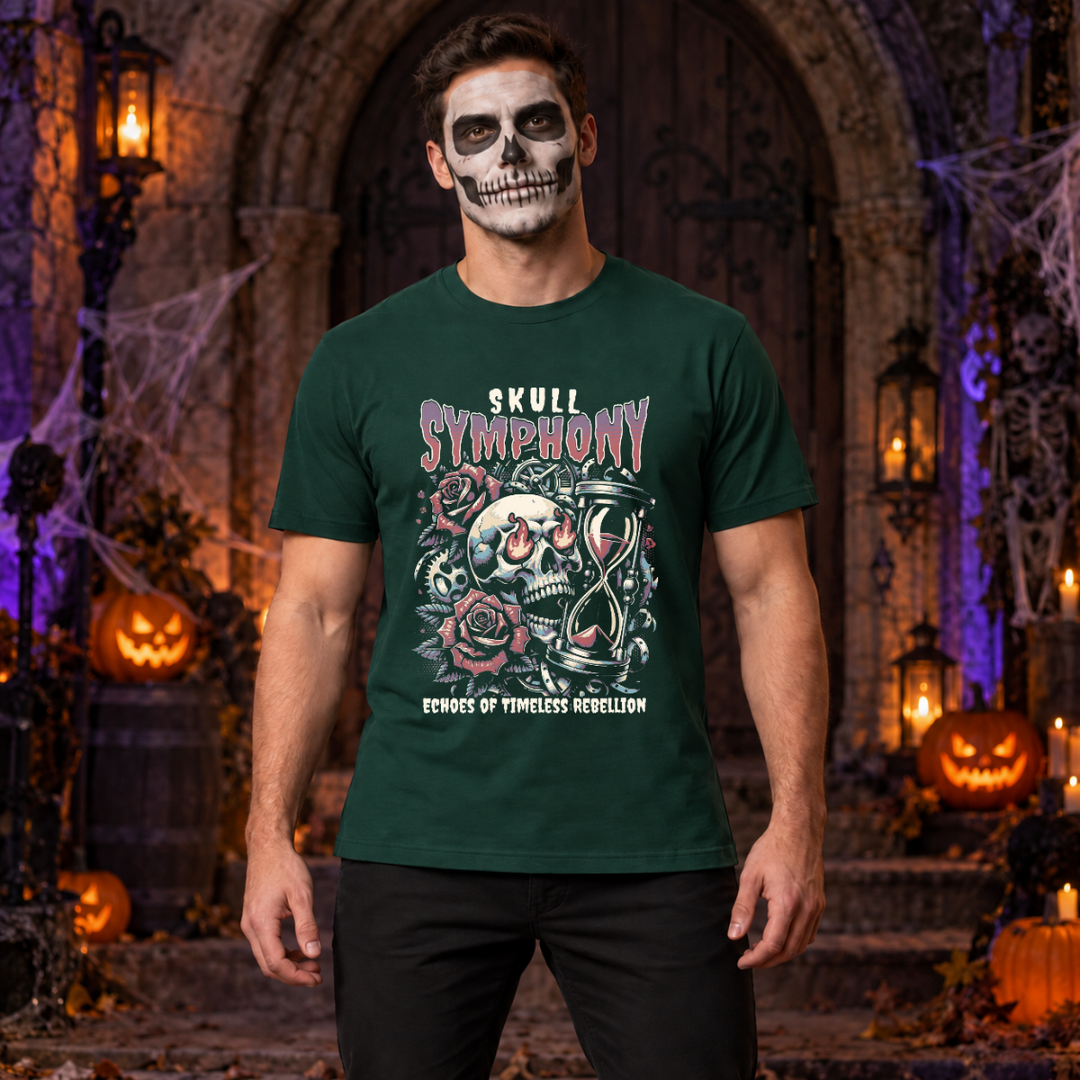 Skull Symphony T-Shirt – Skull & Reaper Gothic Graphic Graphic Tee - Color: forest green