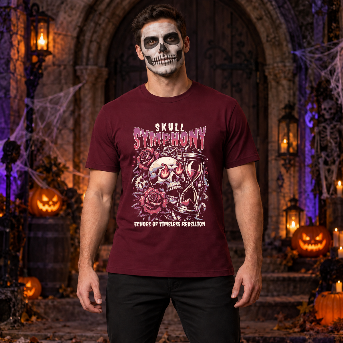Skull Symphony T-Shirt – Skull & Reaper Gothic Graphic Graphic Tee - Color: maroon