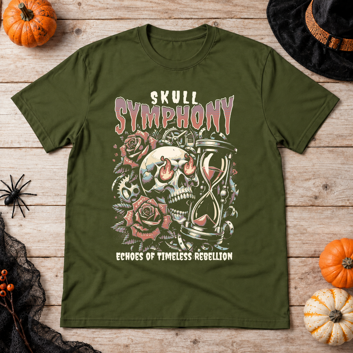 Skull Symphony T-Shirt – Skull & Reaper Gothic Graphic Graphic Tee - Color: military green