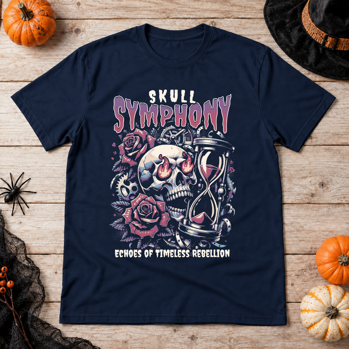 Skull Symphony T-Shirt – Skull & Reaper Gothic Graphic Graphic Tee - Color: navy