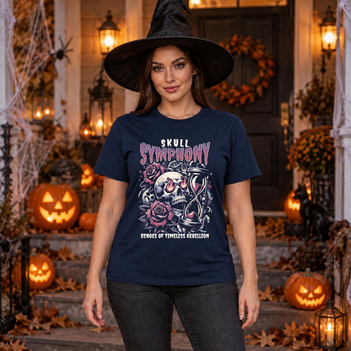 Skull Symphony T-Shirt – Skull & Reaper Gothic Graphic Graphic Tee - Color: navy