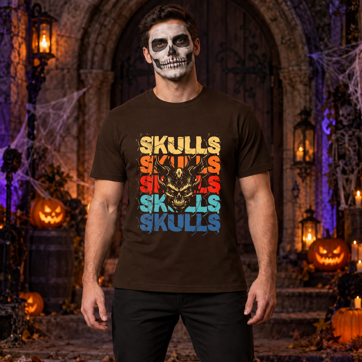 Skulls T-Shirt – Skull & Reaper Gothic Graphic Graphic Tee - Color: chocolate
