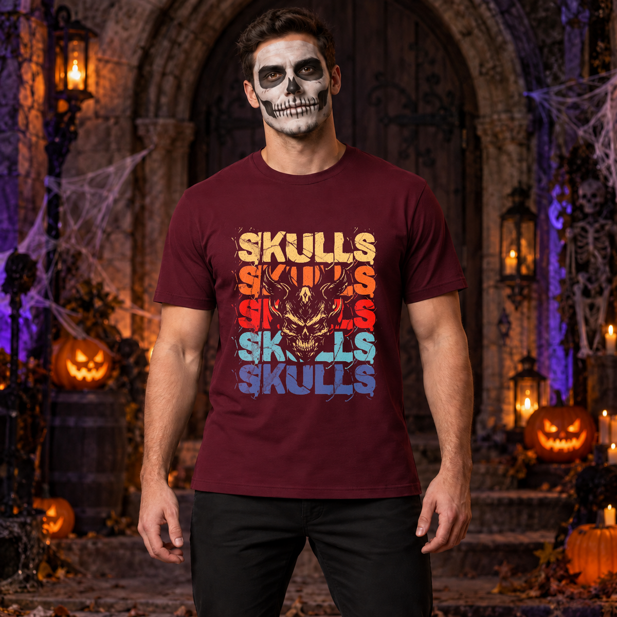 Skulls T-Shirt – Skull & Reaper Gothic Graphic Graphic Tee - Color: maroon