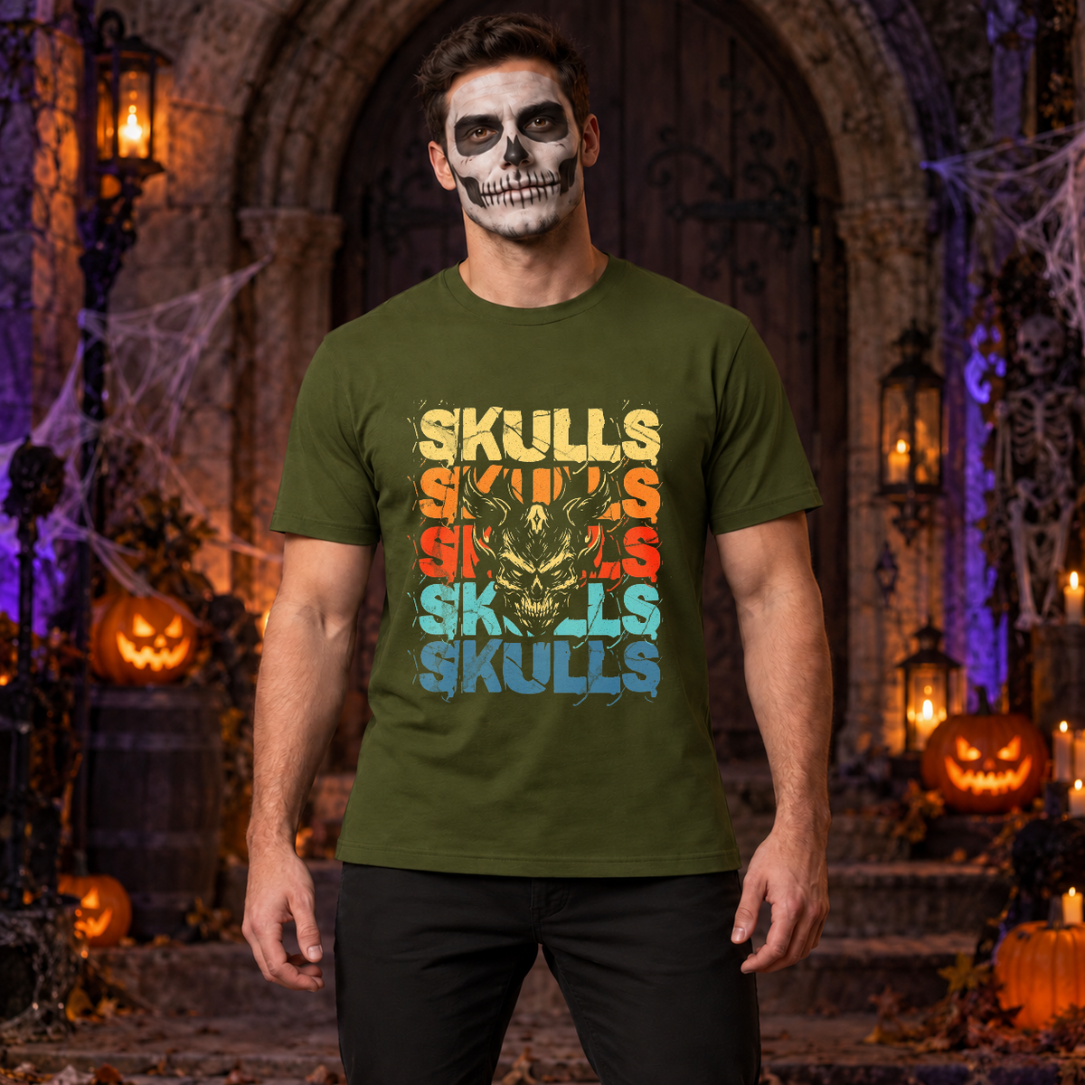 Skulls T-Shirt – Skull & Reaper Gothic Graphic Graphic Tee - Color: military green