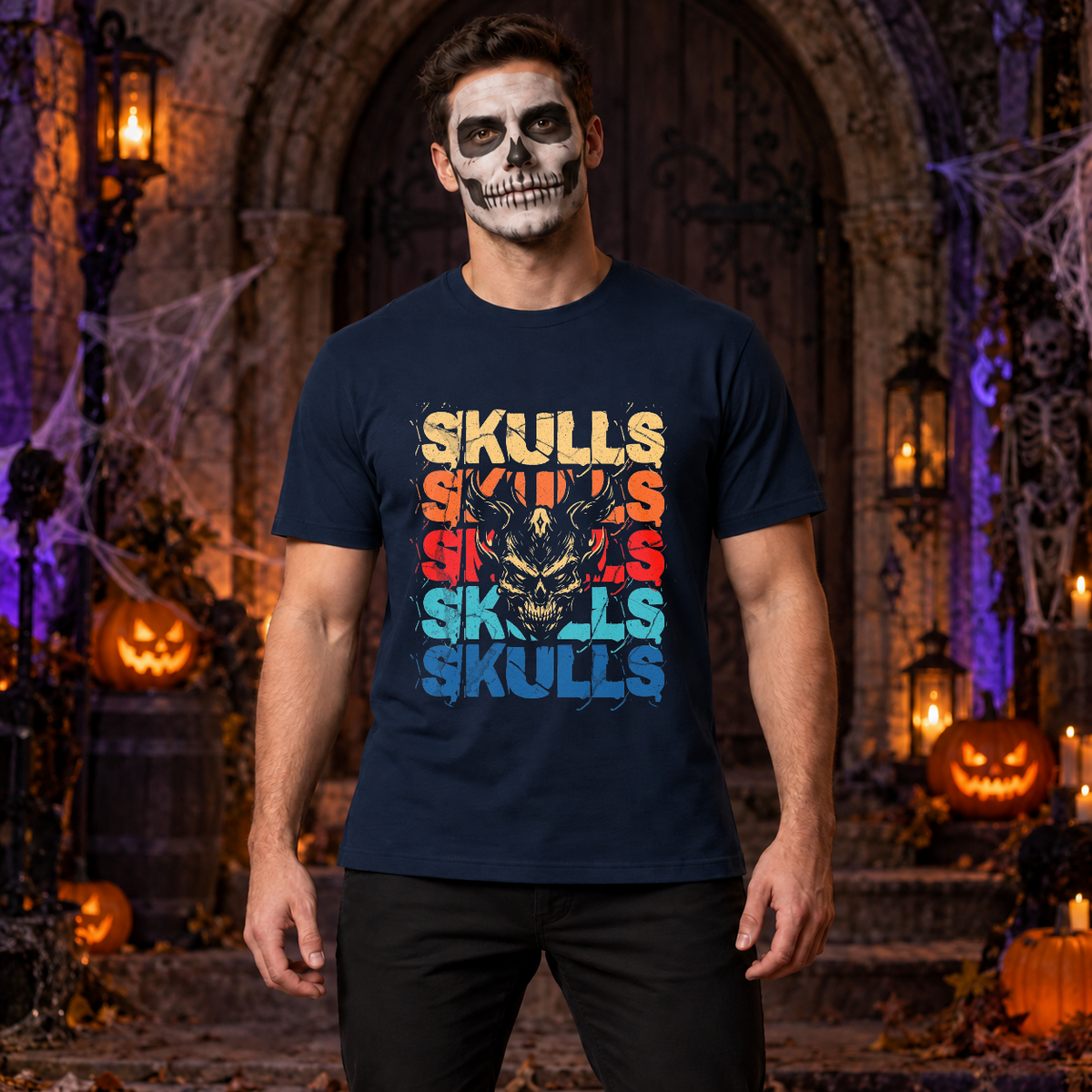 Skulls T-Shirt – Skull & Reaper Gothic Graphic Graphic Tee - Color: navy