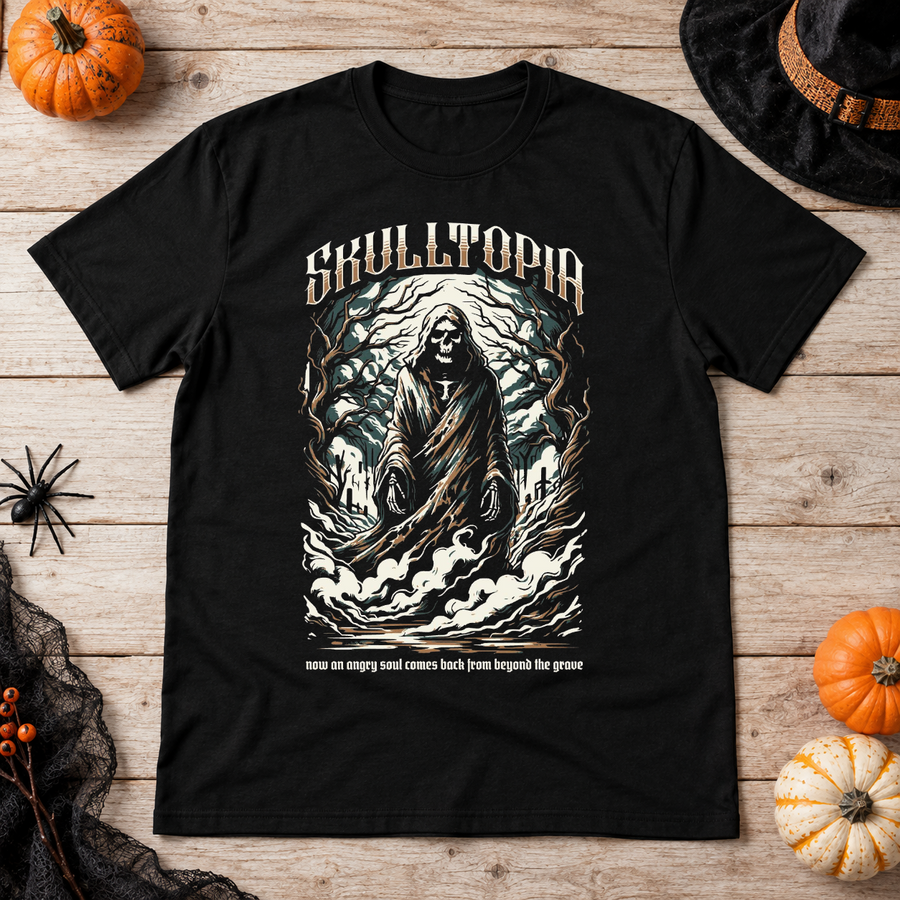 Skulltopia T-Shirt – Skull & Reaper Gothic Graphic Graphic Tee - Color: black