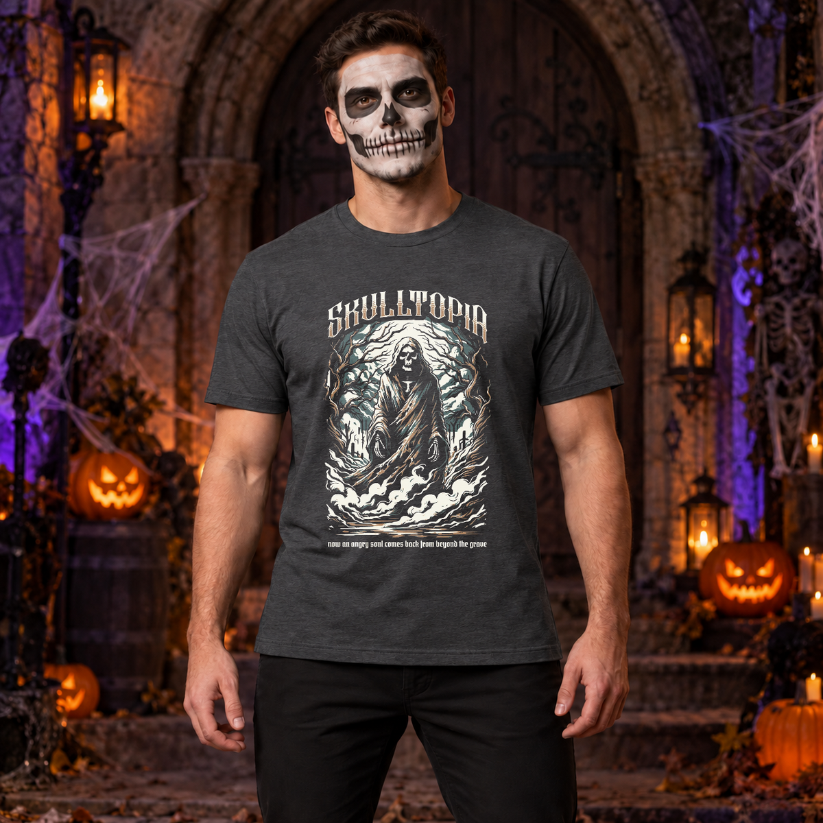 Skulltopia T-Shirt – Skull & Reaper Gothic Graphic Graphic Tee - Color: dark heather