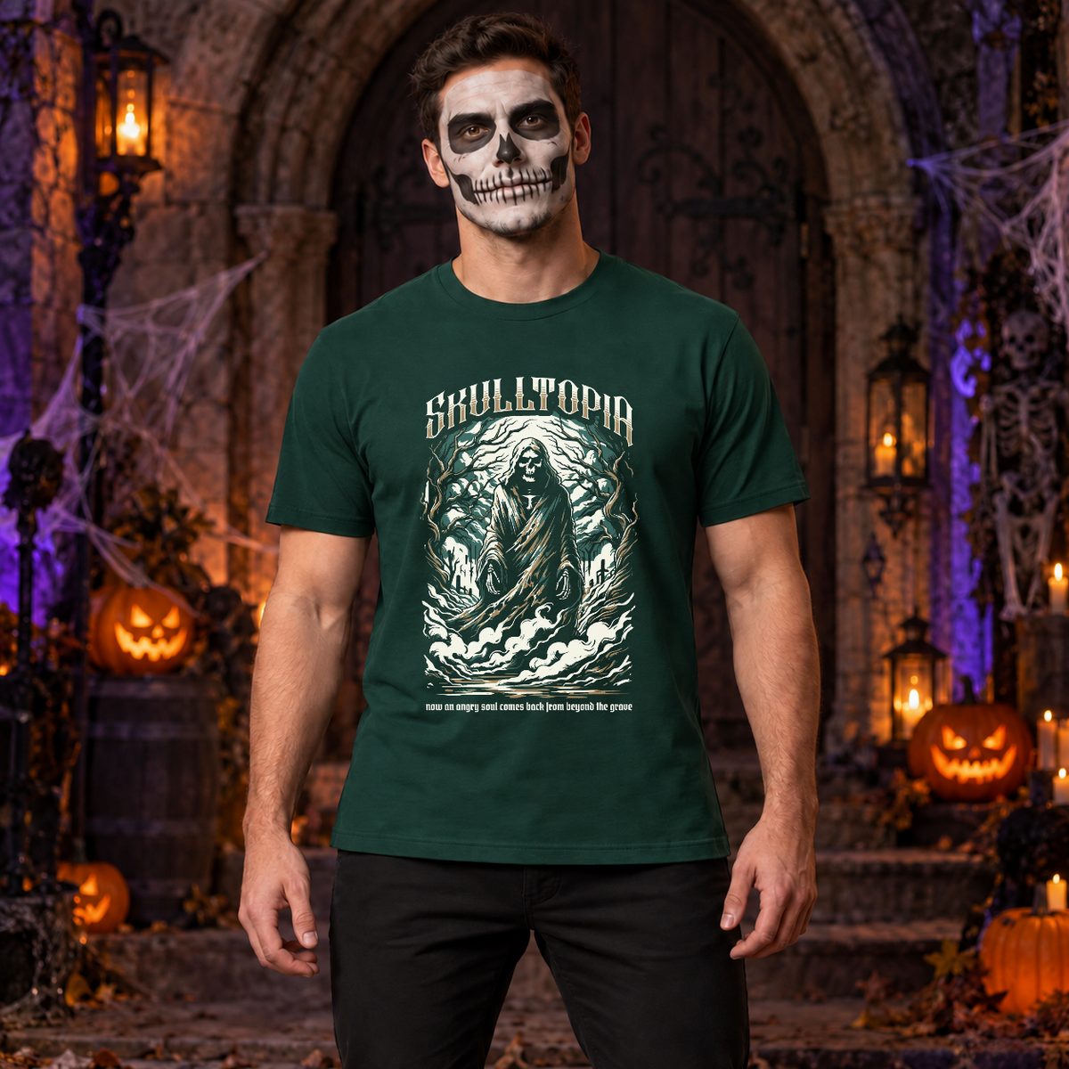 Skulltopia T-Shirt – Skull & Reaper Gothic Graphic Graphic Tee - Color: forest green