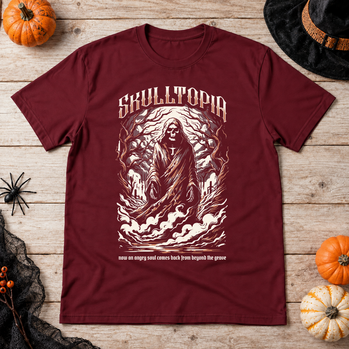 Skulltopia T-Shirt – Skull & Reaper Gothic Graphic Graphic Tee - Color: maroon