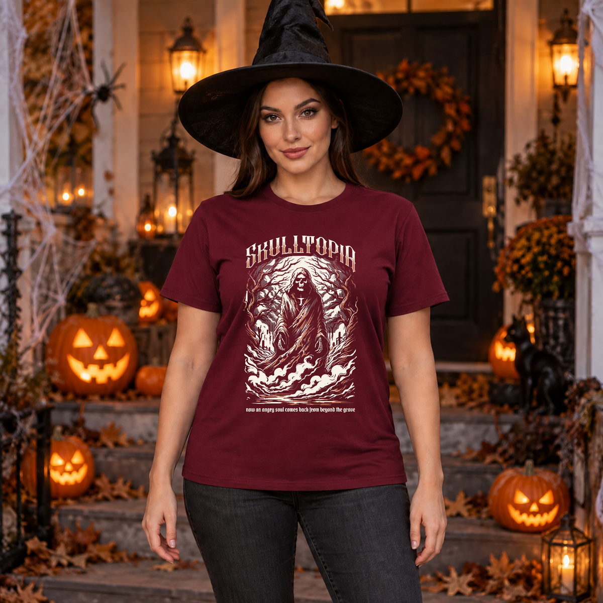 Skulltopia T-Shirt – Skull & Reaper Gothic Graphic Graphic Tee - Color: maroon