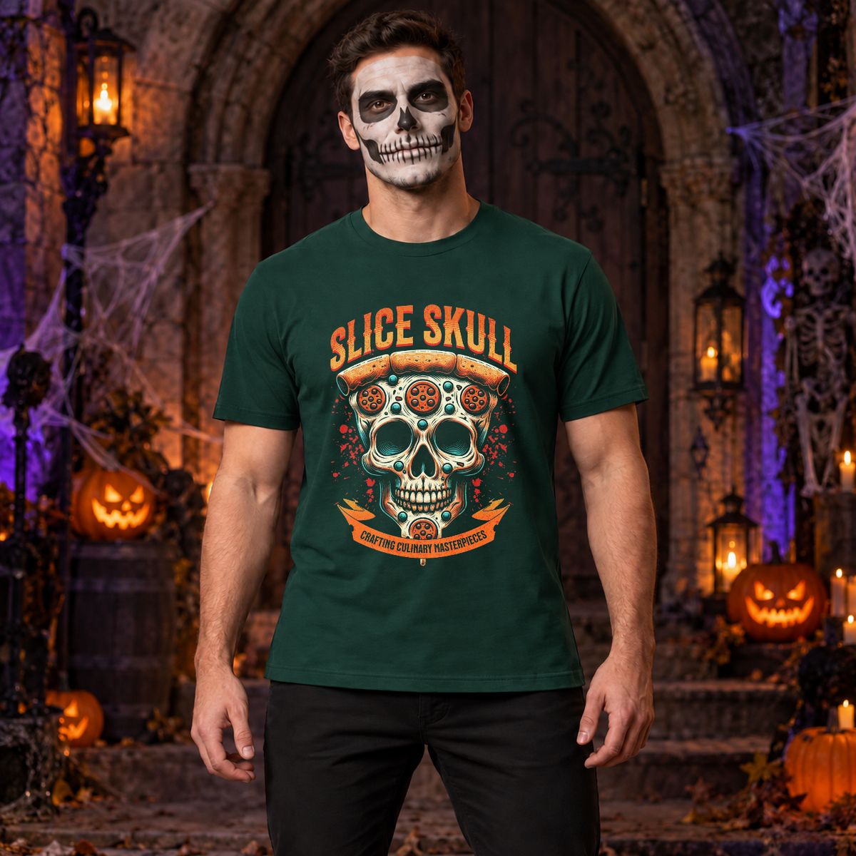 Slice Skull T-Shirt – Skull & Reaper Gothic Graphic Graphic Tee - Color: forest green