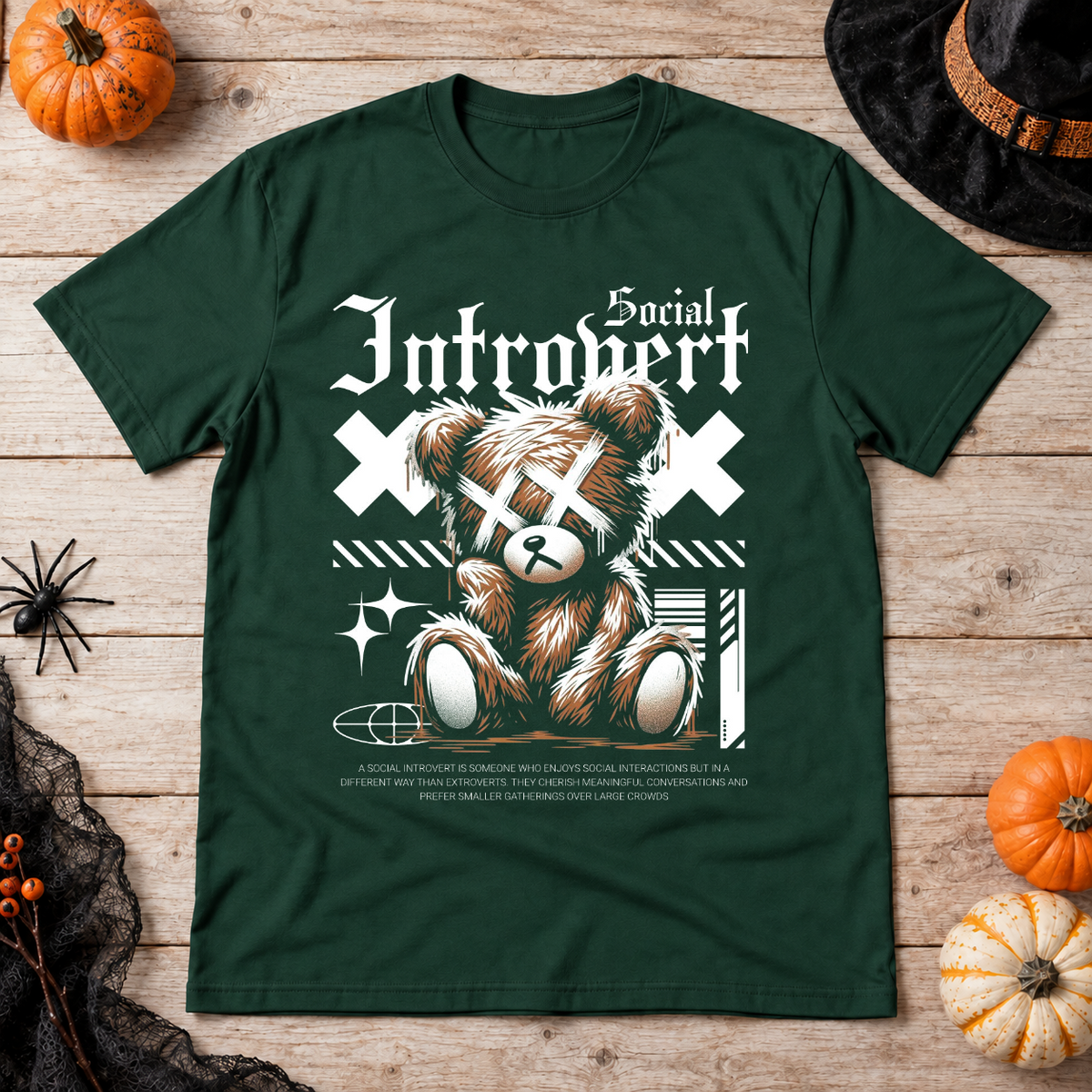 Social Introvert T-Shirt – Dark Editorial Graphic Design Graphic Tee - Color: forest green