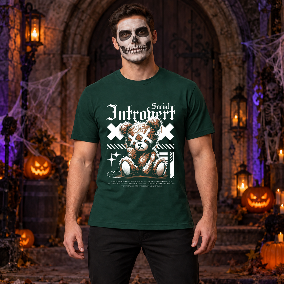 Social Introvert T-Shirt – Dark Editorial Graphic Design Graphic Tee - Color: forest green