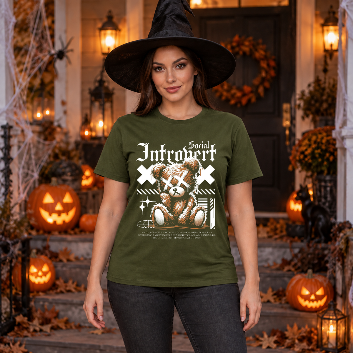 Social Introvert T-Shirt – Dark Editorial Graphic Design Graphic Tee - Color: military green