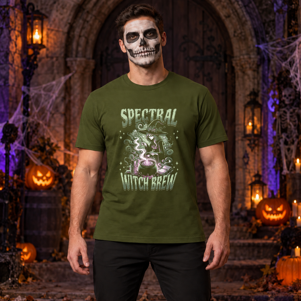 Spectral Witch Brew T-Shirt – Dark Gothic Halloween Graphic Graphic Tee - Color: military green