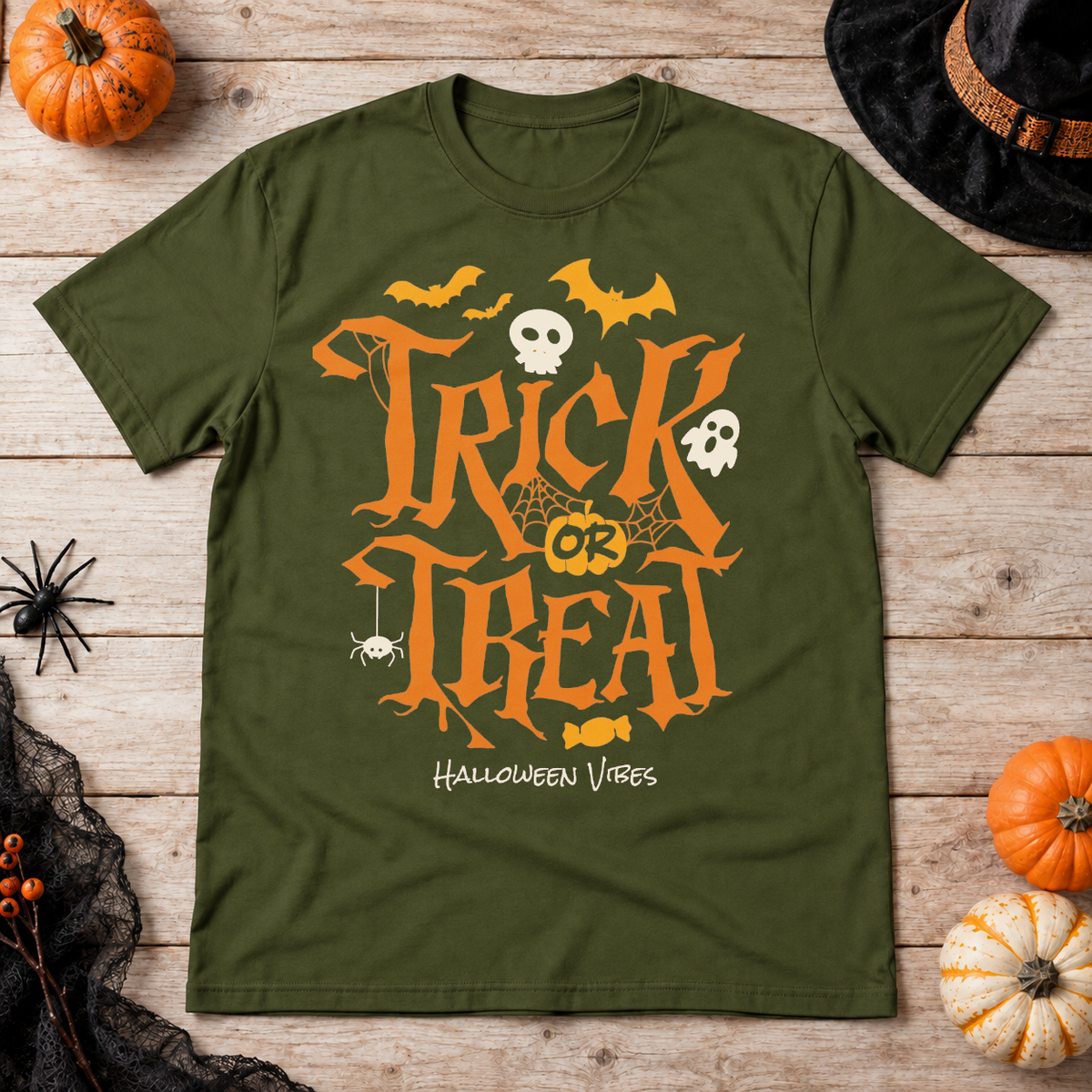 Spooky Candy Call T-Shirt – Classic Halloween Graphic Design Graphic Tee - Color: military green