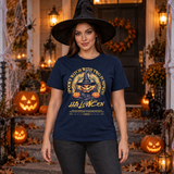 Spooky Witch with Two Pumpkins T-Shirt – Dark Gothic Halloween Graphic Graphic Tee - Color: navy