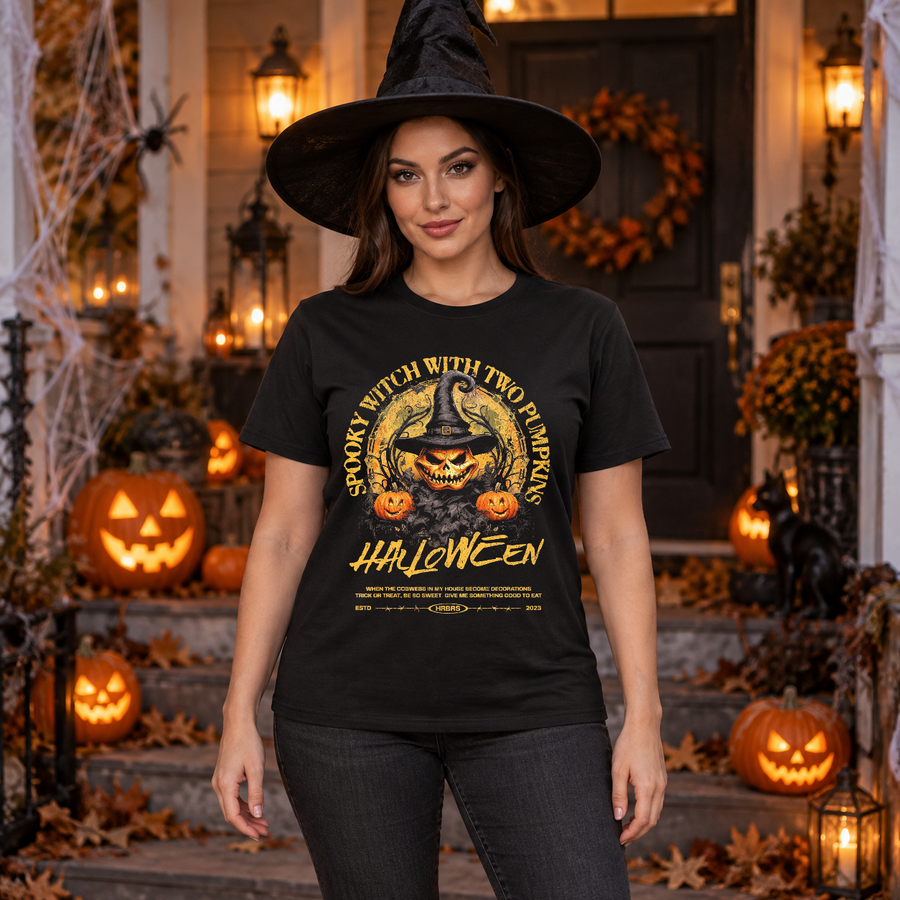 Spooky Witch with Two Pumpkins T-Shirt – Skull & Reaper Gothic Graphic Graphic Tee - Color: black