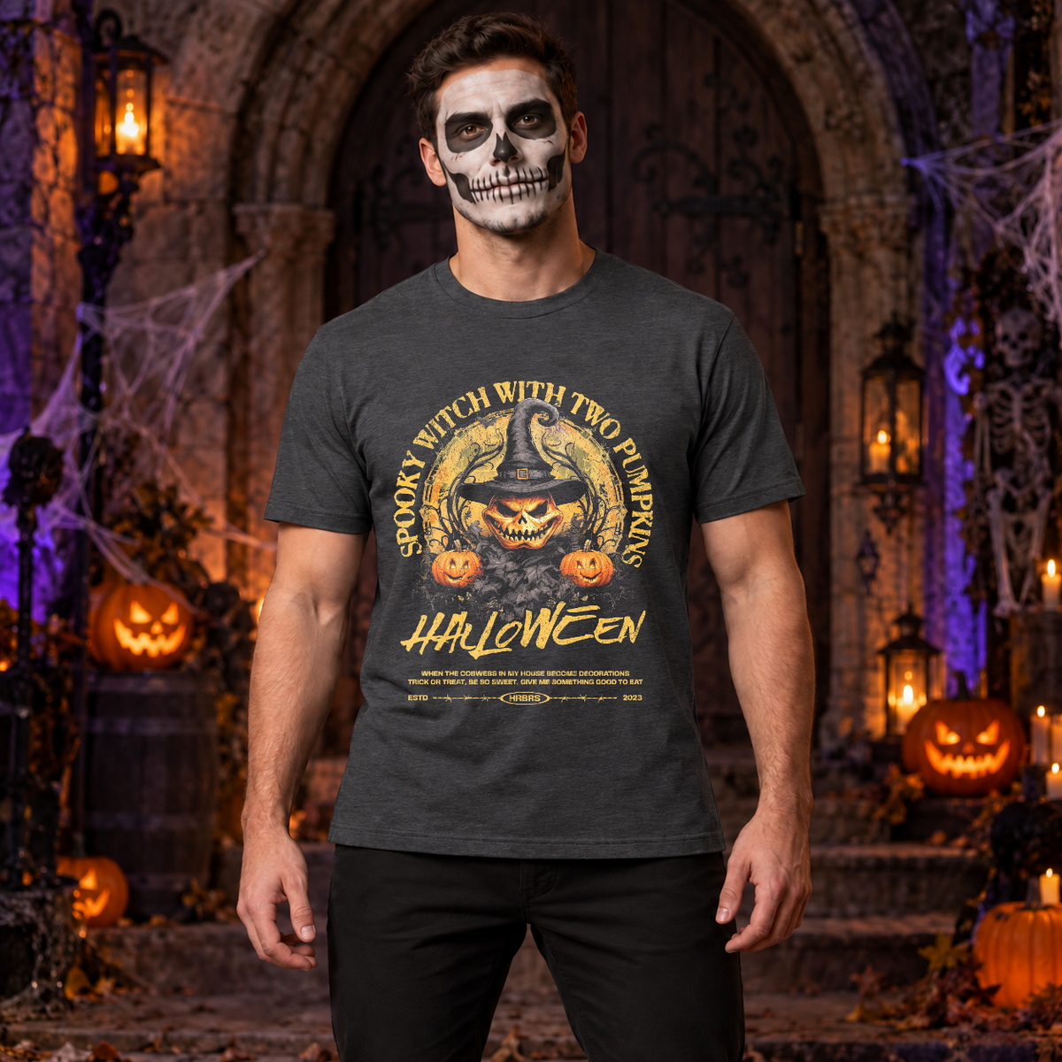 Spooky Witch with Two Pumpkins T-Shirt – Skull & Reaper Gothic Graphic Graphic Tee - Color: dark heather