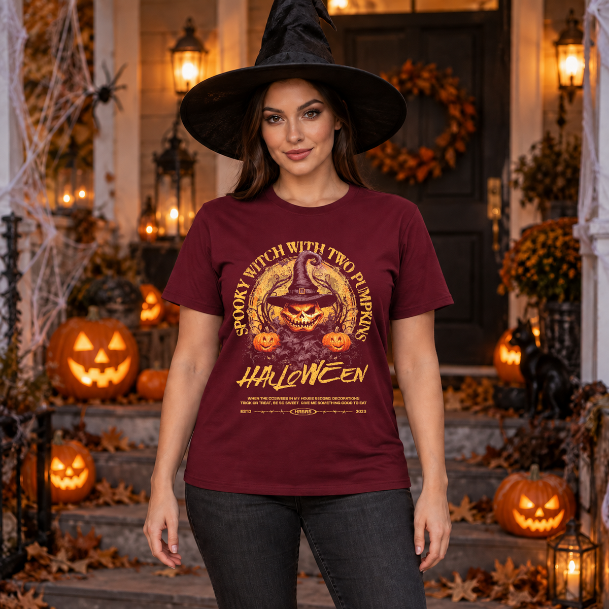 Spooky Witch with Two Pumpkins T-Shirt – Skull & Reaper Gothic Graphic Graphic Tee - Color: maroon
