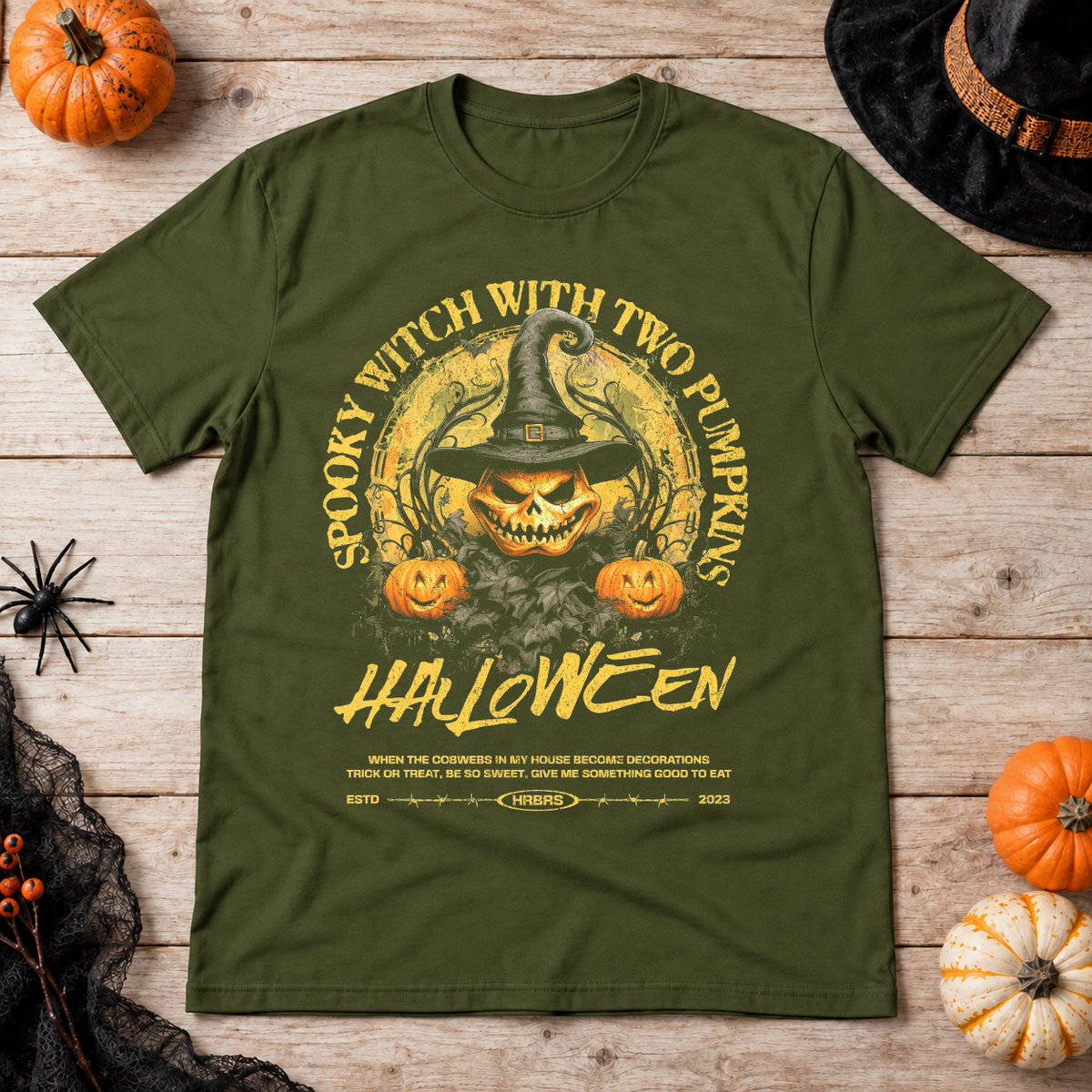 Spooky Witch with Two Pumpkins T-Shirt – Skull & Reaper Gothic Graphic Graphic Tee - Color: military green