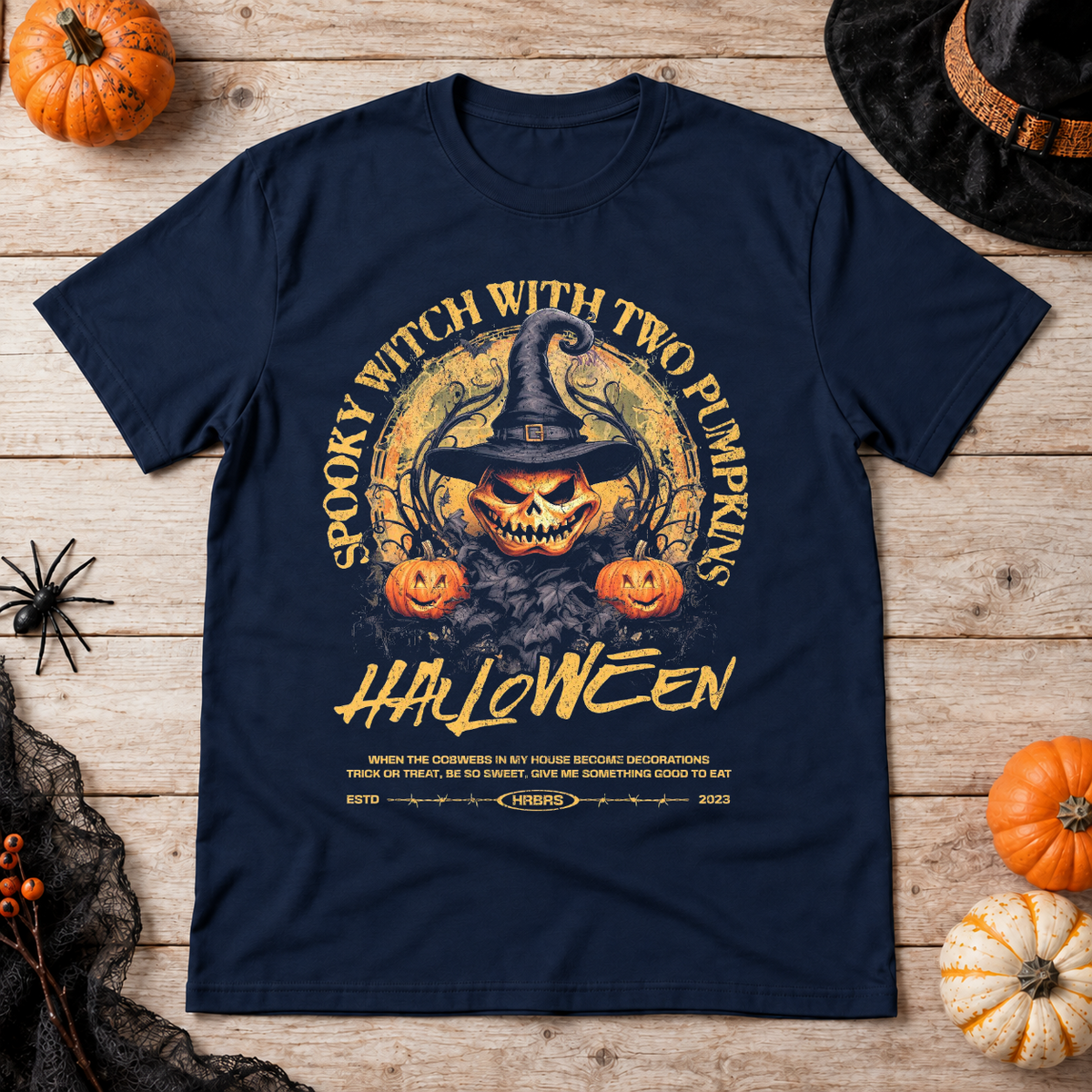 Spooky Witch with Two Pumpkins T-Shirt – Skull & Reaper Gothic Graphic Graphic Tee - Color: navy