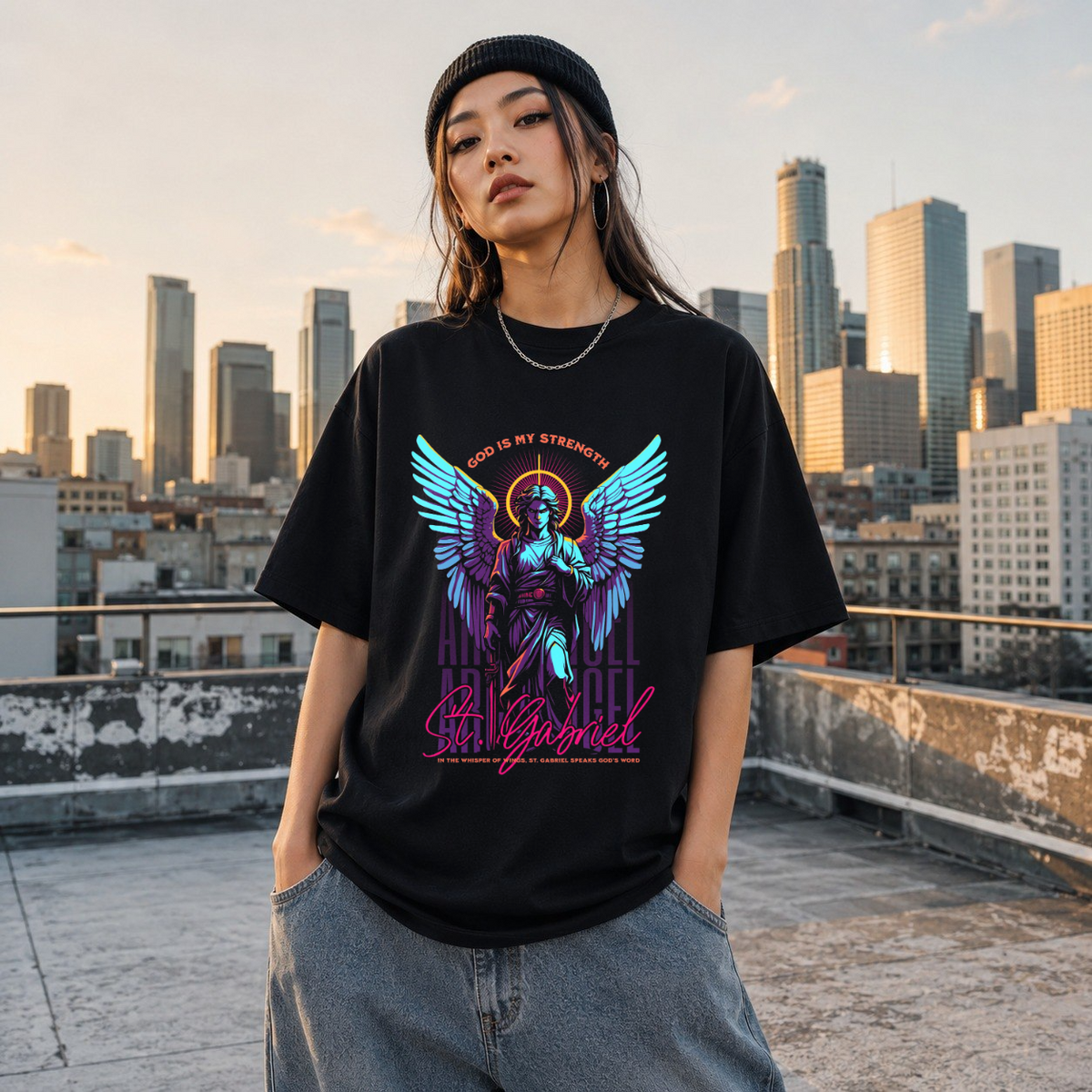 St. Gabriel Angel T-Shirt – Vintage Y2K / Acid Graphic Streetwear Tee - Color: Black