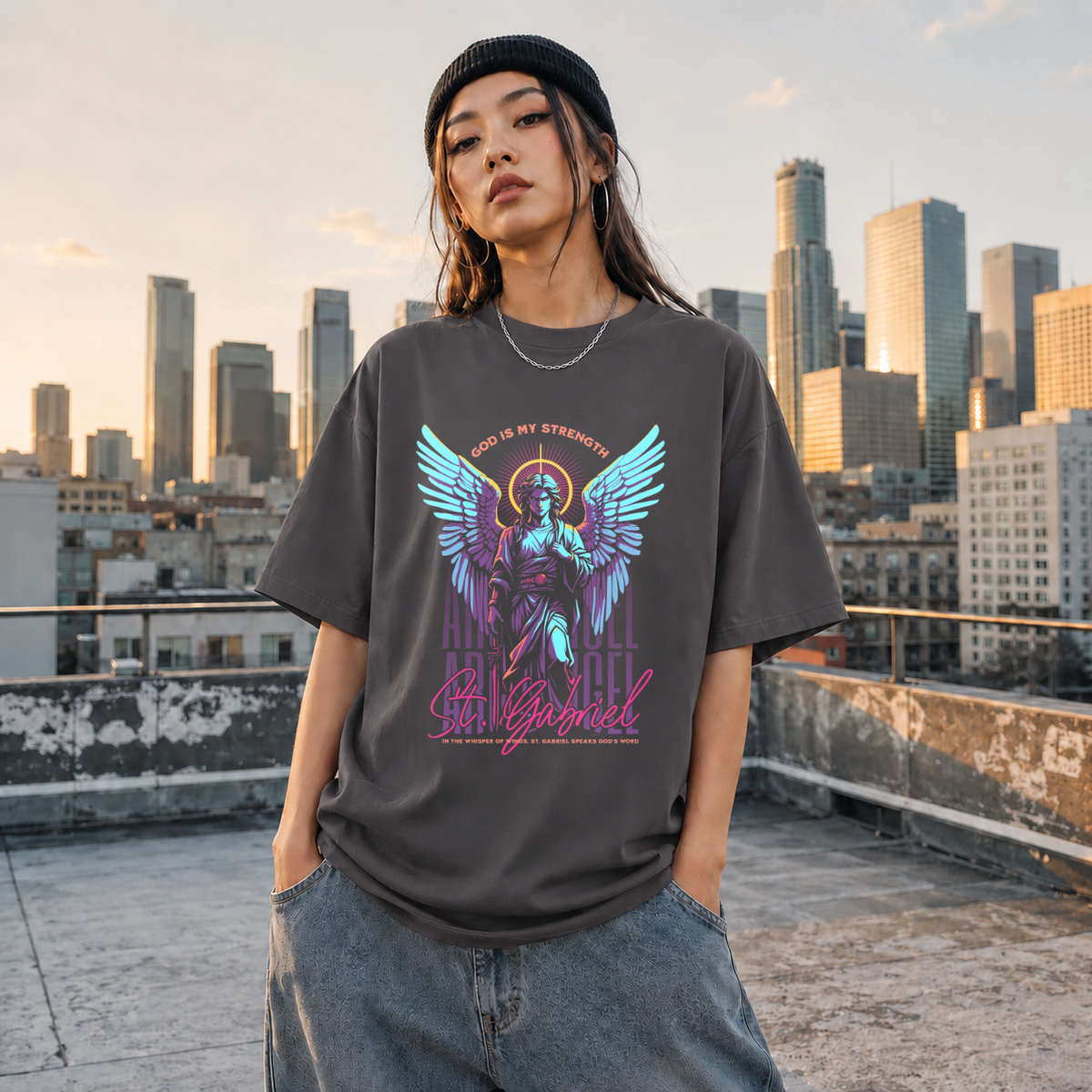 St. Gabriel Angel T-Shirt – Vintage Y2K / Acid Graphic Streetwear Tee - Color: Charcoal